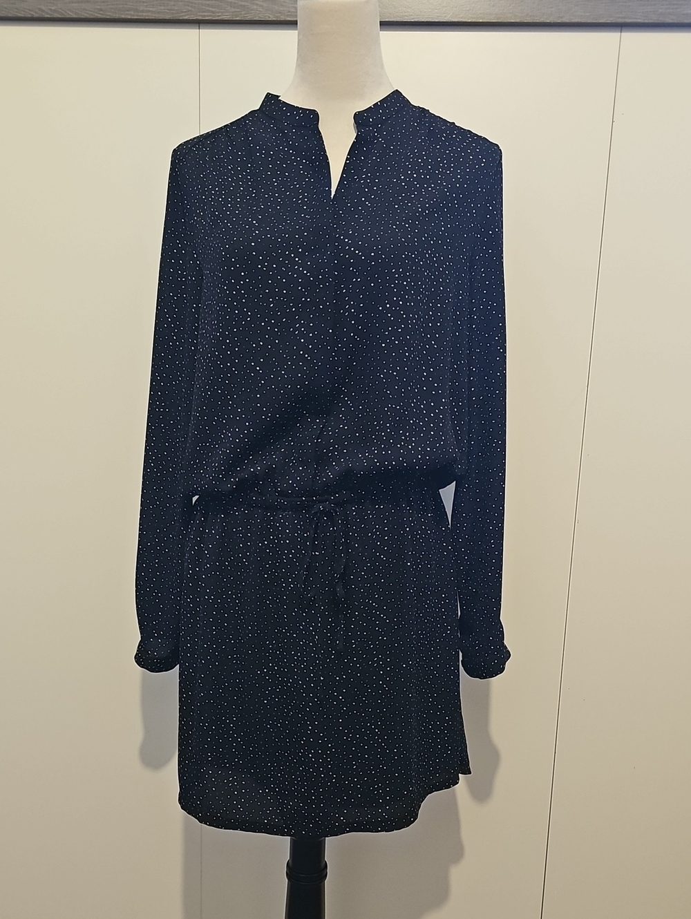 Hilary Radley Black and White Dot Long-Sleeve Drawstring Dress